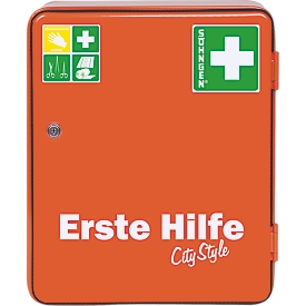 Verbandschrank HEIDELBERG, Stahlblech, Sicherheitsschloss, B 362 x T 140 x H 302 mm, ohne Inhalt, orange