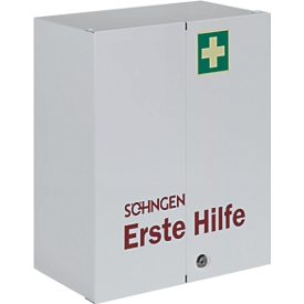 Verbandschrank ROM, DIN 13169, 2-türig, abschließbar, 2 Böden, 2 Schübe, 6 Ablageschalen & 2 Schlüssel, befüllt, Stahlbl.