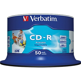 Verbatim CD-R printable (inkt), tot 52x, 700 MB/80 min, spindel met 50 stuks