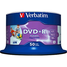 Verbatim DVD+R AZO Wide inkjet printable, capaciteit 4,7 GB,  spindel met 50 stuks