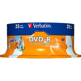 Verbatim® DVD-R printable (inkt), tot 16-voudig, 4,7 GB/120 min, spindel met 25 stuks
