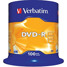 Verbatim® DVD-R, tot 16-voudig, 4,7 GB/120 min, spindel met 100 stuks