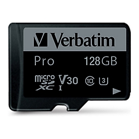 Verbatim PRO - Flash-Speicherkarte (microSDXC-an-SD-Adapter inbegriffen) - 128 GB - Video Class V30 / UHS-I U3 / Class10 - 300x/600x - microSDXC UHS-I