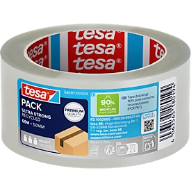 Verpakkingstape tesapack® Eco &amp; Ultra Strong EcoLogo® 58297 , extra sterke kleefkracht, voor pakketten tot 30 kg, scheurvast, UV-bestendig, 90% PCR-PET, transparant, L 66 m x B 50 mm