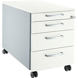 Verrijdbaar ladeblok 1233 - 4 laden – afsluitbaar - B 435 x D 765 x H 577 mm - wit en blank aluminium – ons merk Schäfer Shop Select