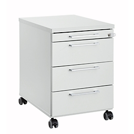 Verrijdbaar ladeblok 1333, 3 laden en 1 materiaallade, afsluitbaar, hoekige grepen, hout/staal/kunststof, B 434 x D 600 x H 613 mm, lichtgrijs