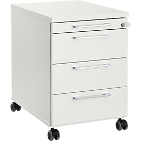 Verrijdbaar ladeblok 1333, 3 laden en 1 materiaallade, afsluitbaar, hoekige grepen, hout/staal/kunststof, B 434 x D 600 x H 613 mm, lwit