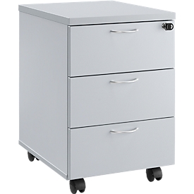 Verrijdbaar ladeblok 333, B 404 x D 500 x H 590 mm, 3 laden, vergrendelbaar, metalen handvatten, 4 dubbele zwenkwielen, grijs