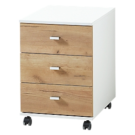 Verrijdbaar ladeblok LIONI - van hout - 3 laden - B 400 x D 490 x H 570 -  witen Navarra eiken decor