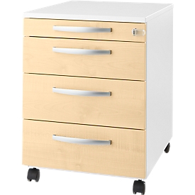 Verrijdbaar ladeblok LOGIN - 3 laden en 1 materiaallade - B 432 x D 580 x H 595 mm - centrale vergrendeling - wit/ahorn decor - ons merk Schäfer Shop Select