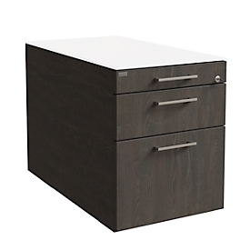 Verrijdbaar ladeblok SOLUS PLAY, 1 materiaallade, 1 schuiflade, 1 hangmappenlade, met handgreep, moeraseik