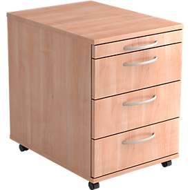 Verrijdbaar ladeblok TARA, 3 schuifladen en 1 materiaallade, B 428 x D 580 x H 590 mm, , notenhout-decor