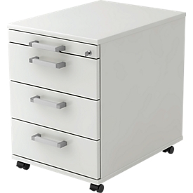 Verrijdbaar ladeblok TARVIS, 1 materiaallade, afsluitbaar, 3 schuifladen, B 428 x D 580 x H 590 mm, lichtgrijs