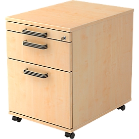 Verrijdbaar ladeblok TOPAS LINE, 1 schuiflade, 1 hangmappenlade, 1 materiaallade, L 580, esdoorn/aluminium