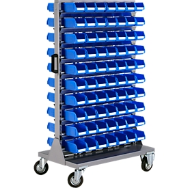 Verrijdbaar magazijn voor kleine onderdelen, aan 2 zijden stapelbaar, incl. 140 blauwe magazijnbakken met open voorzijde LF 211, B 825 x D 550 x H 1450 mm, staal, grijs