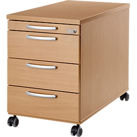 Verrijdbaar onderstel 1333, 3 laden en 1materiaallade,, afsluitbaar, ronde grepen, hout/staal/kunststof, B 434 x D 800 x H 613 mm, beuken afwerking