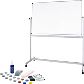 Verrijdbaar whiteboard Maul MAULstandaard, 900 x 1200 mm, 2-zijdig, draaibaar + whiteboard accessoireset, 31 stuks