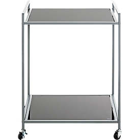 Verrijdbare bijzettafel HAKU, 2 legborden, elk belastbaar tot 6 kg, B 500 x D 360 x H 690 mm, staal/ESG-veiligheidsglas, grijs/zwart
