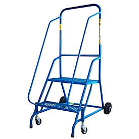 verrijdbare ladder, blauw, stalen frame, 2 zwenkwielen en 2 wieltjes, 2 treden van stalen rooster