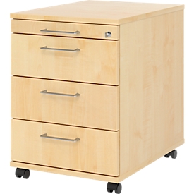 Verrijdbare lade 1233 Breno, 3 laden & 1 lade voor keukengerei, afsluitbaar, B 428 x D 580 x H 590 mm, ahorn afwerking