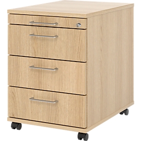Verrijdbare lade 1233 Breno, 3 laden & 1 lade voor keukengerei, afsluitbaar, B 428 x D 580 x H 590 mm, eiken decor