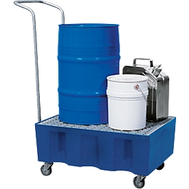 Verrijdbare opvangbak - PE - 60 liter - B 714 x D 525 x H 330 mm - met gegalvaniseerde rooster - blauw