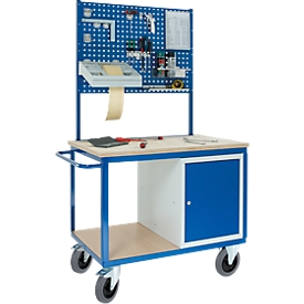 Verrijdbare Profi-werkbank met kast, 2 x geperforeerd paneel, 1250 x 700 x 1990 mm
