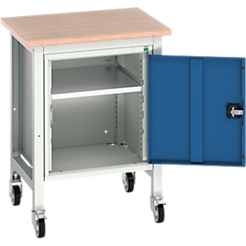 Verrijdbare werkbank Bott verso, Multiplex legbord, 1 deur & 1 legbord, wielen, B 700 x D 600 x H 930 mm, RAL 7035 lichtgrijs / gentiaanblauw