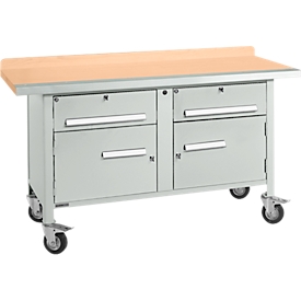 Verrijdbare werkbank Schäfer Shop Select PWi 150-0, beuken multiplex blad, met stalen rand, tot 400 kg, B 1500 x D 700 x H 840 mm