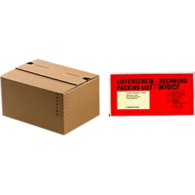 Versandkartons, Automatikboden, wiederverschliessbar, bis 20 kg, L 175 x B 105 x H 75 mm, 50 Stück + 250 Lieferscheintaschen, DIN lang, PCR-Polyethylen