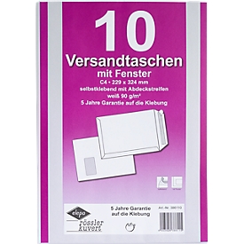 Versandtaschen Eurokuvert, DIN C4, mit Fenster, haftklebend, 10 Stück, Papier, weiß