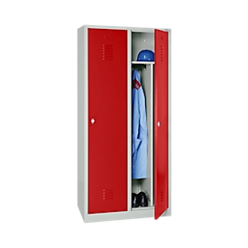 Vestiaire, 2 portes, l. 800 x H 1800 mm, serrure à came batteuse, gris clair/rouge feu
