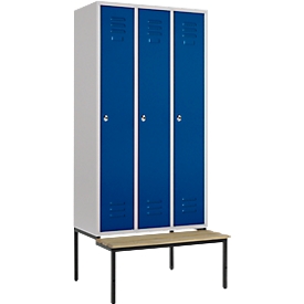 Vestiaire, 3 compartiments, 300 mm, serrure à came batteuse, avec banc, porte bleu gentiane