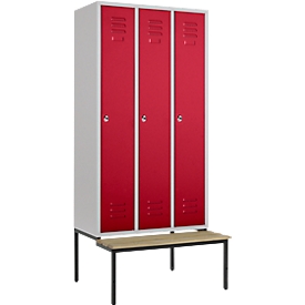 Vestiaire, 3 compartiments, 300 mm, serrure à came batteuse, avec banc, porte rouge rubis