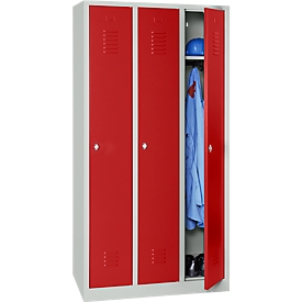 Vestiaire, 3 portes, l. 900 x H 1800 mm, serrure à came batteuse, gris clair/rouge