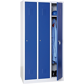Vestiaire, 3 portes, l. 900 x H 1800 mm, serrure à cylindre, gris clair/bleu