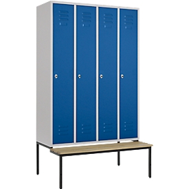 Vestiaire, 4 compartiments, 300 mm, serrure à came batteuse, avec banc, porte bleu gentiane