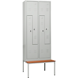 Vestiaire, 4 compartiments, avec banc, l. 800 x H 2200 mm, serrure à came batteuse, gris clair/gris clair