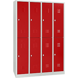 Vestiaire, 4 compartiments l'un sur l'autre, l. 1170 x H 1950 mm, serrure à came batteuse, gris clair/rouge feu
