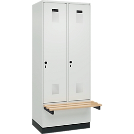 Vestiaire C+P Evolo Plus, 2 compartiments de 400 mm de large, socle, banquette flottante, L 800 x P 815 x H 1950 mm, loquet rotatif, gris clair/gris clair