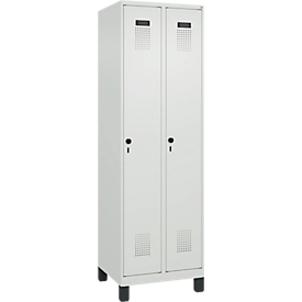 Vestiaire C+P Evolo Plus, 2 compartiments, largeur 300 mm, avec pieds, verrou rotatif de sécurité, L 600 x P 500 x H 1950 mm, gris clair/gris clair