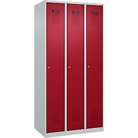 Vestiaire C+P Evolo Plus, 3 compartiments, charnières à droite, serrure à cylindre, L 900 x P 500 x H 1850 mm, gris clair/rouge rubis