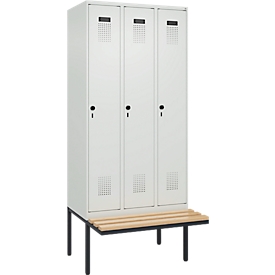 Vestiaire C+P Evolo Plus, 3 compartiments de 300 mm de large, banquette flottante, L 900 x P 815 x H 2120 mm, loquet rotatif, gris clair/gris clair