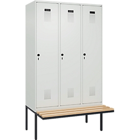 Vestiaire C+P Evolo Plus, 3 compartiments de 400 mm de large, banquette flottante, L 1200 x P 815 x H 2120 mm, verrou rotatif, gris clair/gris clair