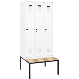 Vestiaire C+P Evolo Plus, 3 compartiments, largeur des compartiments 300 mm, avec banc encastré, L 900 x P 815 x H 2120 mm, verrou rotatif, blanc signalisation/blanc trafic