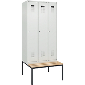 Vestiaire C+P Evolo Plus, 3 compartiments, largeur des compartiments 300 mm, avec banquette encastrée, L 900 x P 815 x H 2120 mm, cylindre, gris clair/gris clair