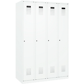 Vestiaire C+P Evolo Plus, 4 compartiments, charnières à droite, serrure à cylindre, butée soft, L 1200 x P 500 x H 1850 mm, blanc signalisation/blanc trafic