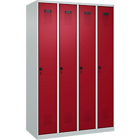 Vestiaire C+P Evolo Plus, 4 compartiments, charnières à droite, verrou rotatif de sécurité, L 1200 x P 500 x H 1850 mm, gris clair/rouge rubis