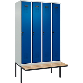 Vestiaire C+P Evolo Plus, 4 compartiments de 300 mm de large, banquette flottante, L 1200 x P 815 x H 2120 mm, loquet rotatif, gris clair/bleu gentiane