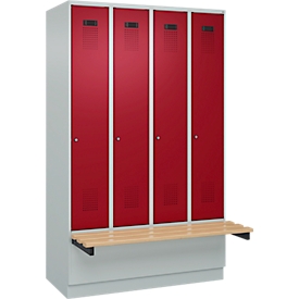Vestiaire C+P Evolo Plus, 4 compartiments de 300 mm de large, socle, banquette flottante, L 1200 x P 815 x H 1950 mm, cylindre, gris clair/rouge rubis